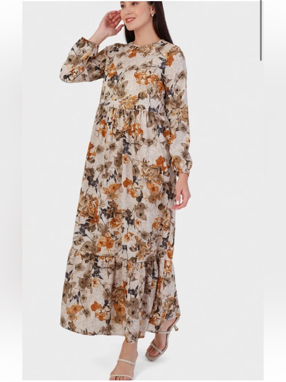 Tavin Long Sleeve Fall Floral Tiered Midi Dress in Olive and Mustard Size 6